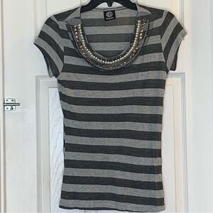 Bobeau Striped Top Beaded Neckline Size Small